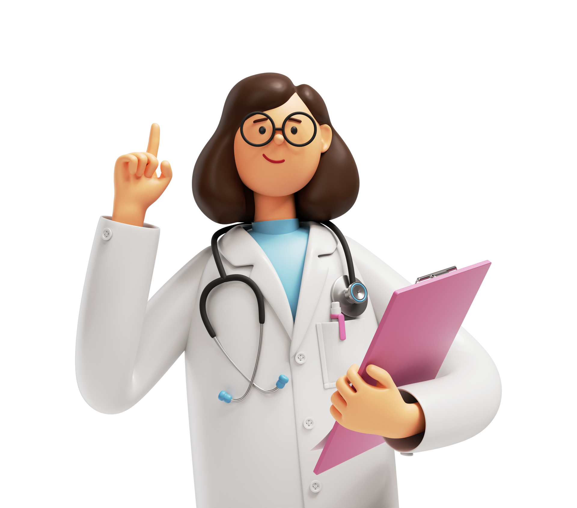 Médecin de dessin animé avec des lunettes, une blouse blanche, un stéthoscope et un presse-papiers rose pointant vers le haut.