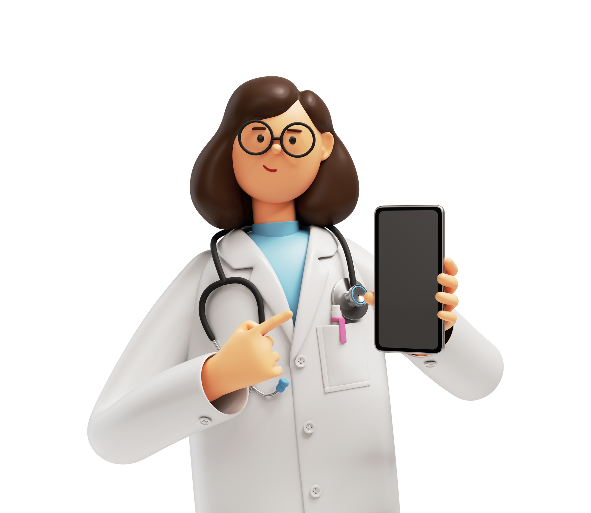 Médecin de dessin animé avec des lunettes et un stéthoscope pointant vers un smartphone.