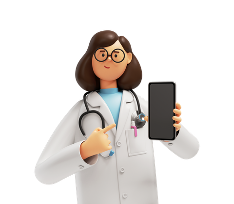 Médecin de dessin animé avec des lunettes et un stéthoscope pointant vers un smartphone.