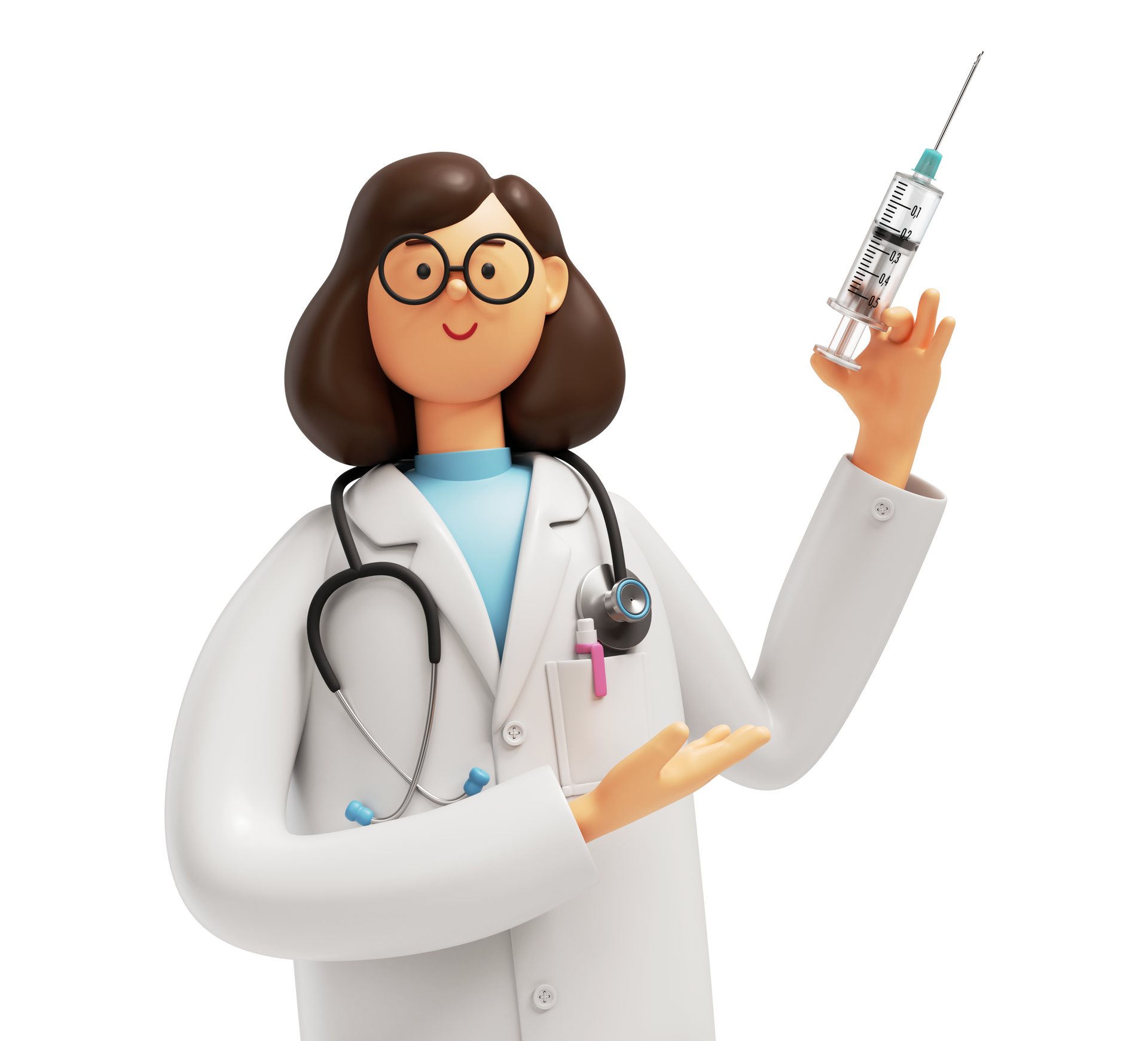 Un médecin de dessin animé tient une seringue et la pointe avec l'autre main.