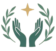 Logo pour Healing Hands : mains tendues vers le haut sous des branches d'olivier, étoile au-dessus, texte « Healing Hands, Soins & Sérénité ».