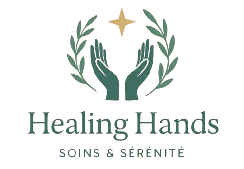 Logo pour le cabinet d'infirmières « Healing Hands » : mains en coupe, feuilles, étoile, texte sur fond crème.