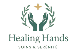 Logo pour le cabinet d'infirmières « Healing Hands » : mains en coupe, feuilles, étoile, texte sur fond crème.