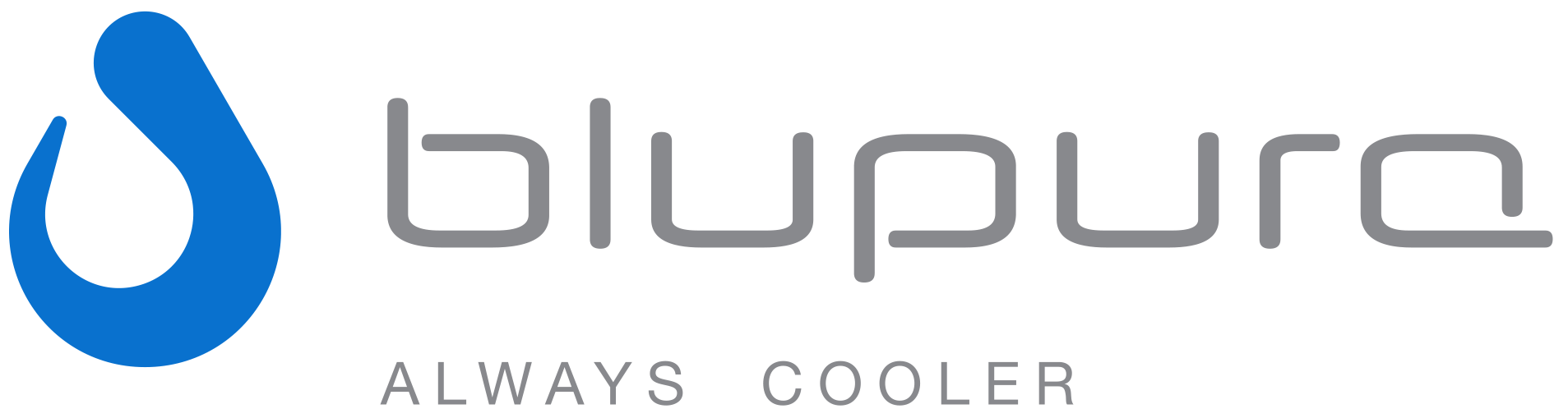 Logo Blupura bleu et gris avec une icône de goutte d'eau et le slogan « Toujours plus frais »