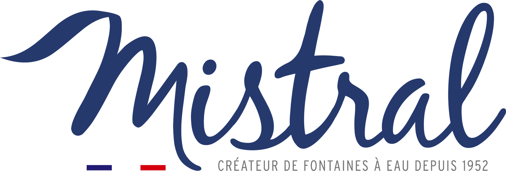 Logo Mistral en écriture bleue avec de petites rayures rouges, blanches et bleues en dessous