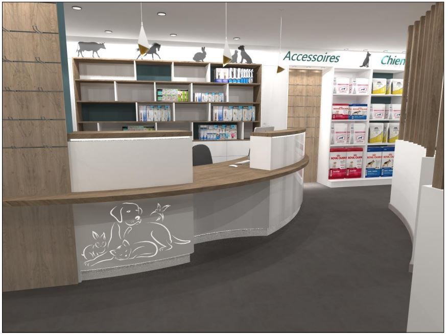 Un comptoir d'accueil vétérinaire moderne avec un comptoir incurvé orné de bois, des étagères et une décoration murale sur le thème des animaux de compagnie.