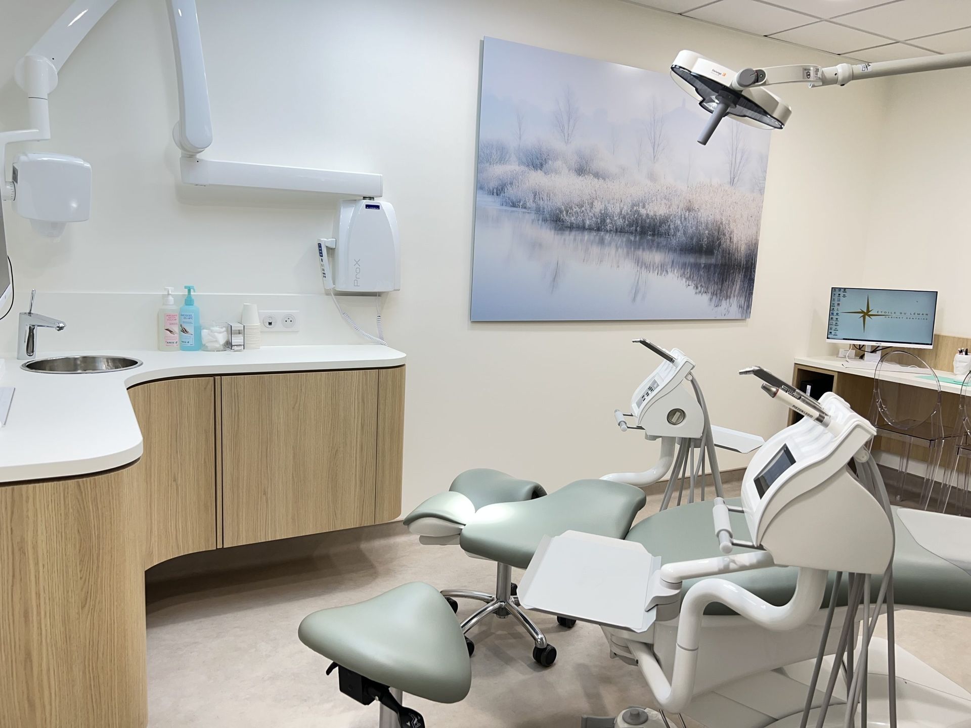 Une salle d'examen dentaire moderne avec un fauteuil pour le patient, du matériel dentaire, un lavabo et une reproduction murale d'une forêt d'hiver.