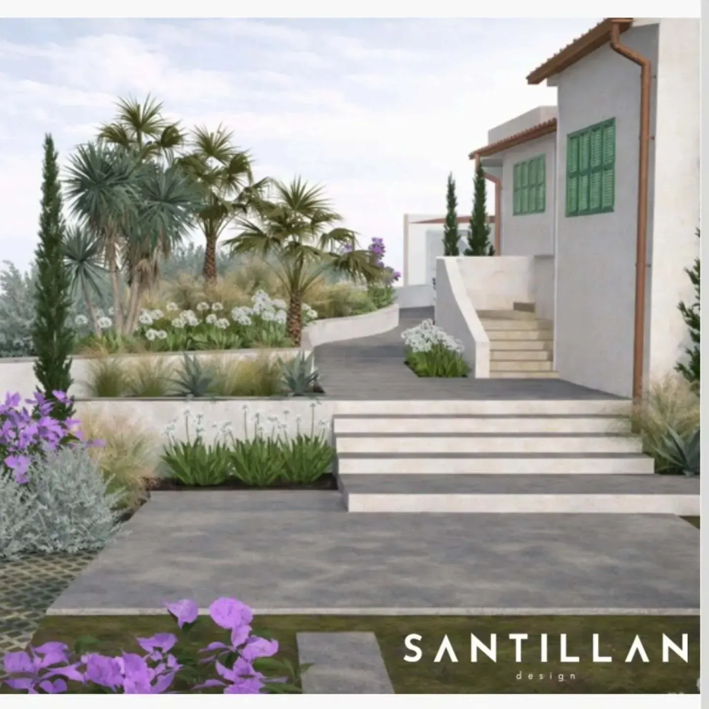 Exterior de una casa de estilo mediterráneo con una escalera de piedra escalonada, senderos grises, plantas tropicales y flores moradas.