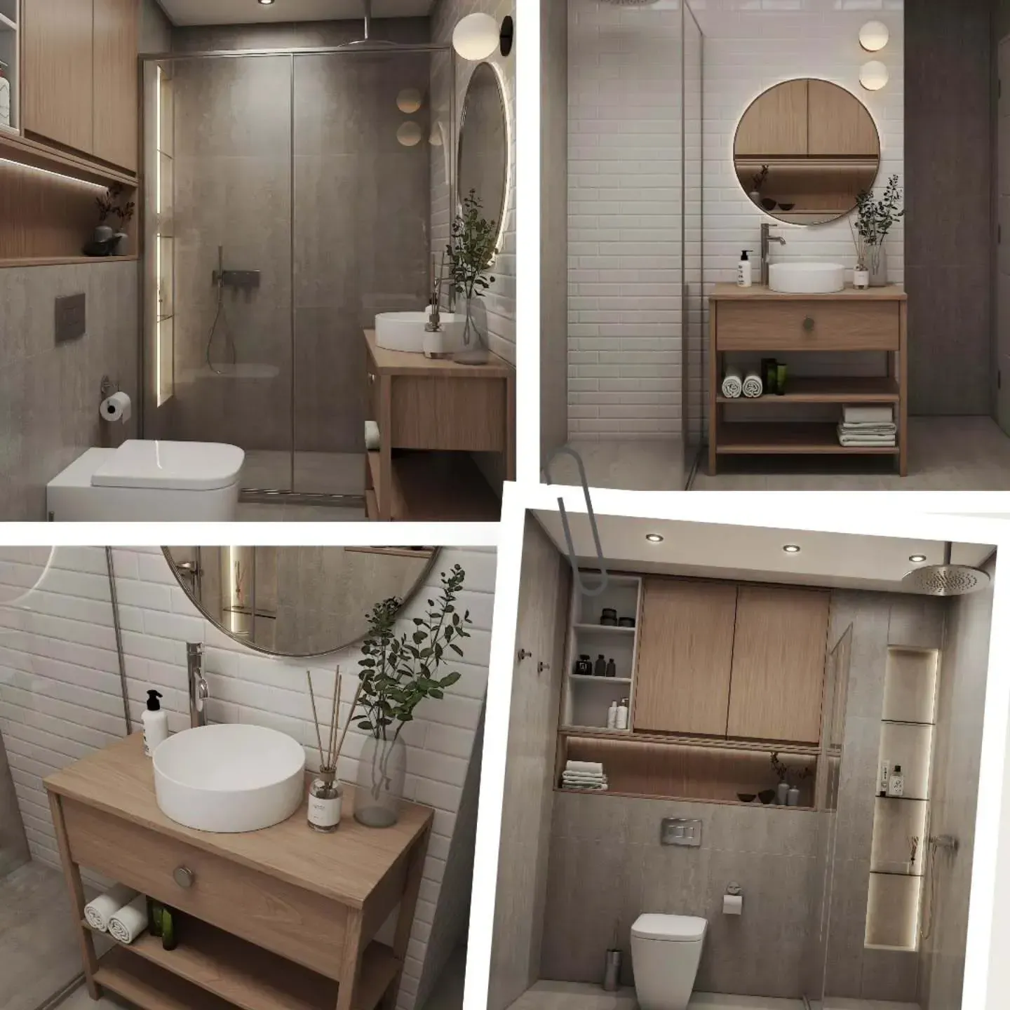 Cuatro vistas de un baño pequeño y moderno con gabinetes de madera clara, azulejos blancos tipo metro, un espejo redondo y una ducha de vidrio.