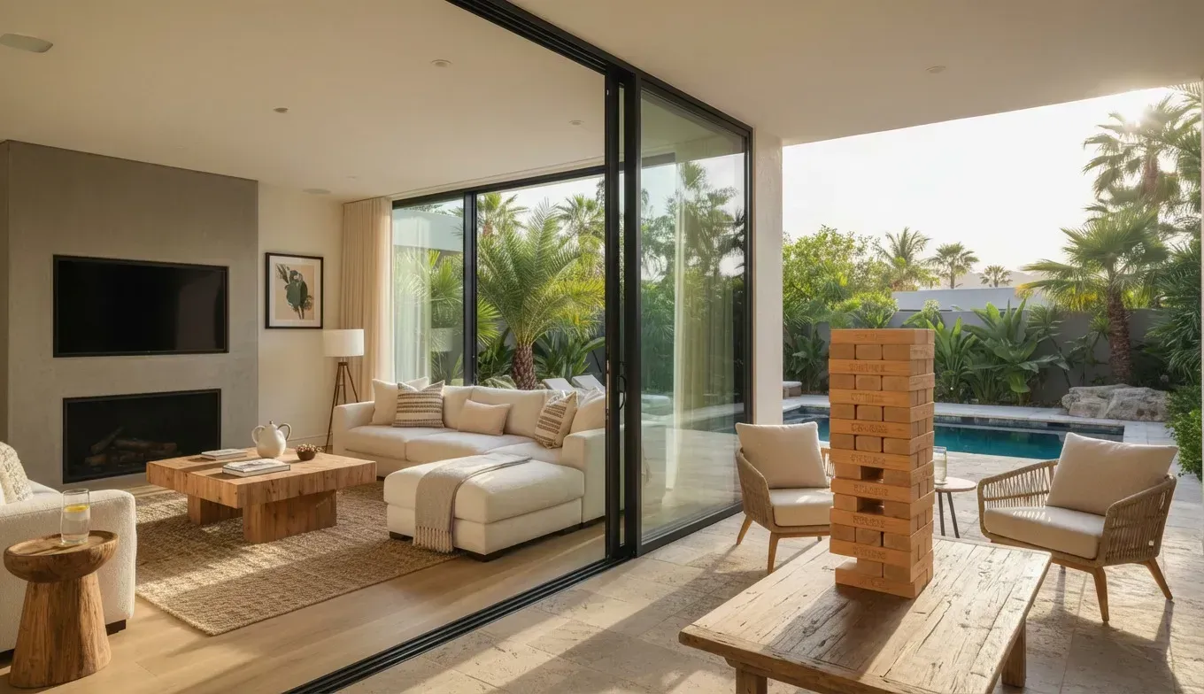 Una moderna sala de estar interior-exterior con un sofá modular blanco, una chimenea y una gran torre de Jenga de madera en un patio.