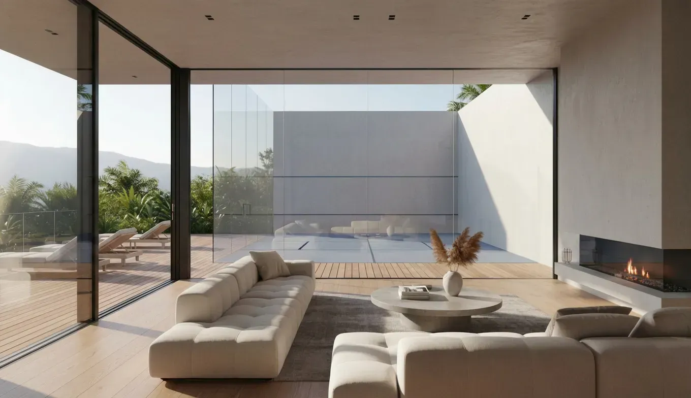 Un moderno salón con sofás color crema y chimenea tiene vistas a un patio exterior y a una piscina con vistas a la montaña.