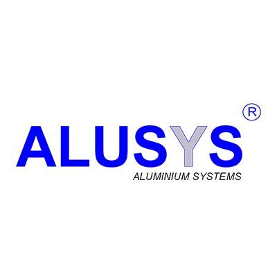 Um logotipo azul e branco para sistemas de alumínio alusys