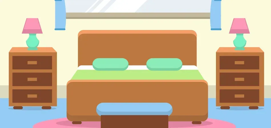 Chambre meublée : lit, table de chevet.