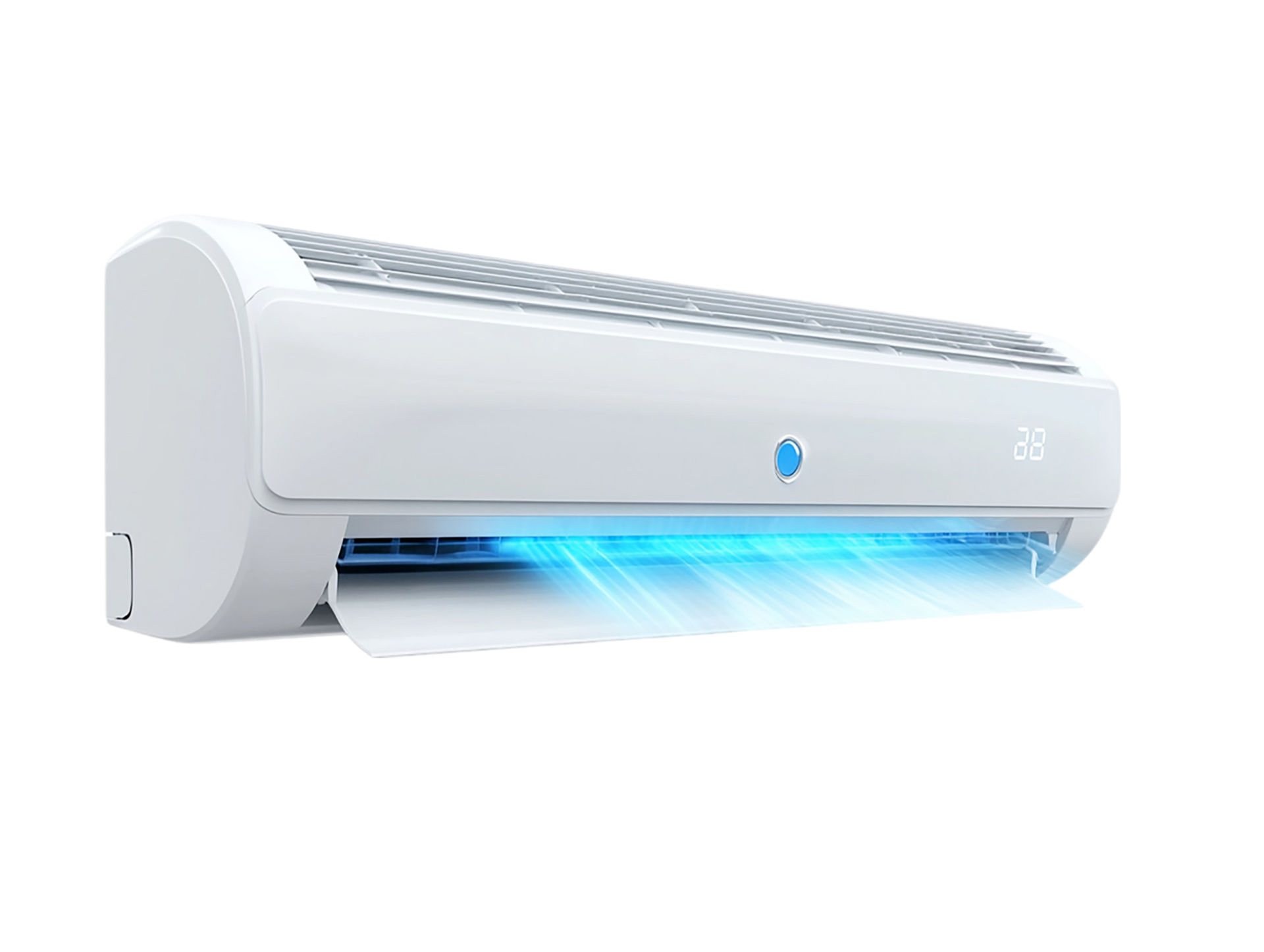 Une climatisation blanche et bleue.