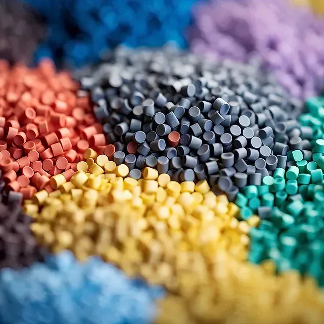 Un primer plano de una pila de gránulos de plástico de colores.