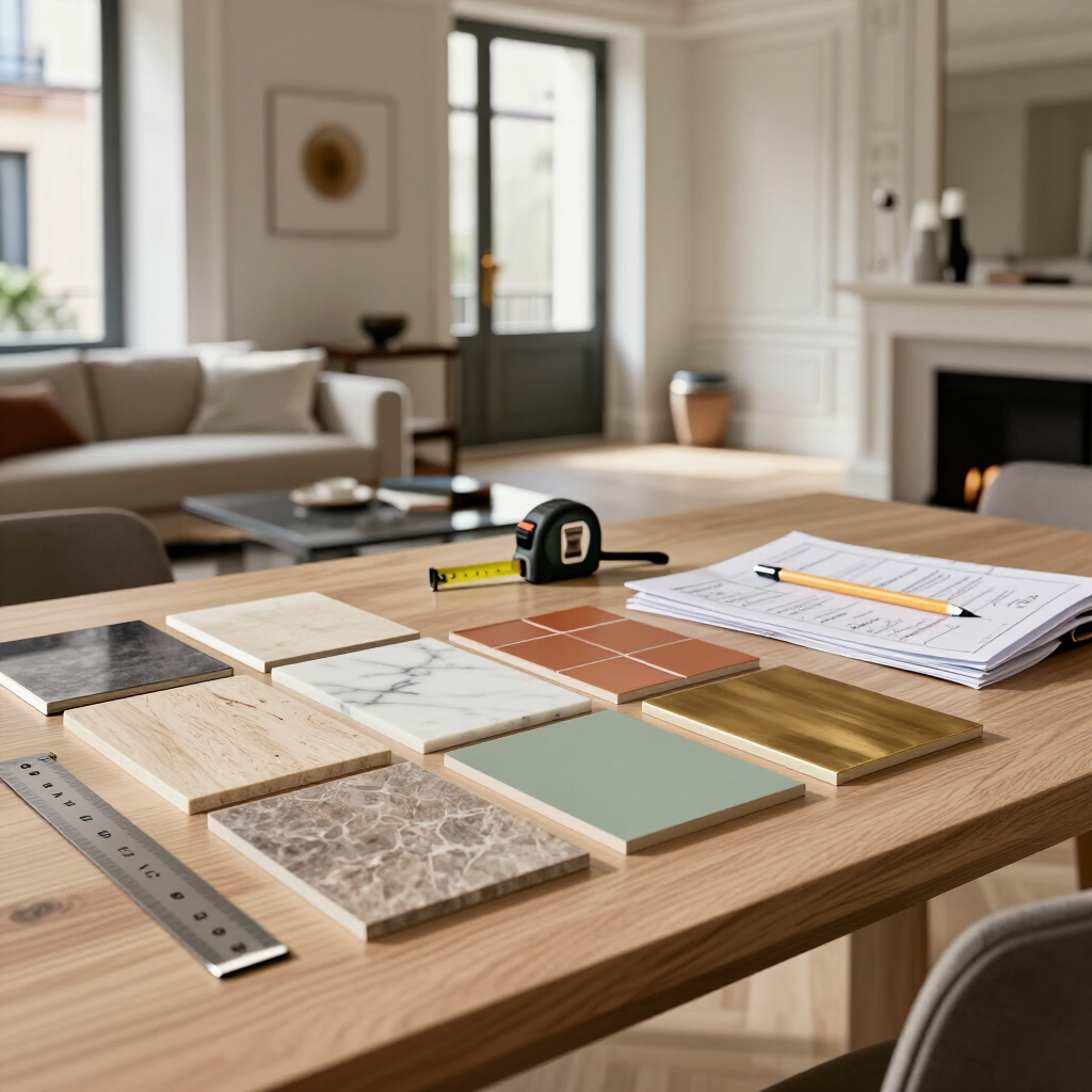 Materiales de diseño de interiores sobre una mesa de madera, con muestras de pintura, regla, cinta métrica y cuaderno, en un salón luminoso