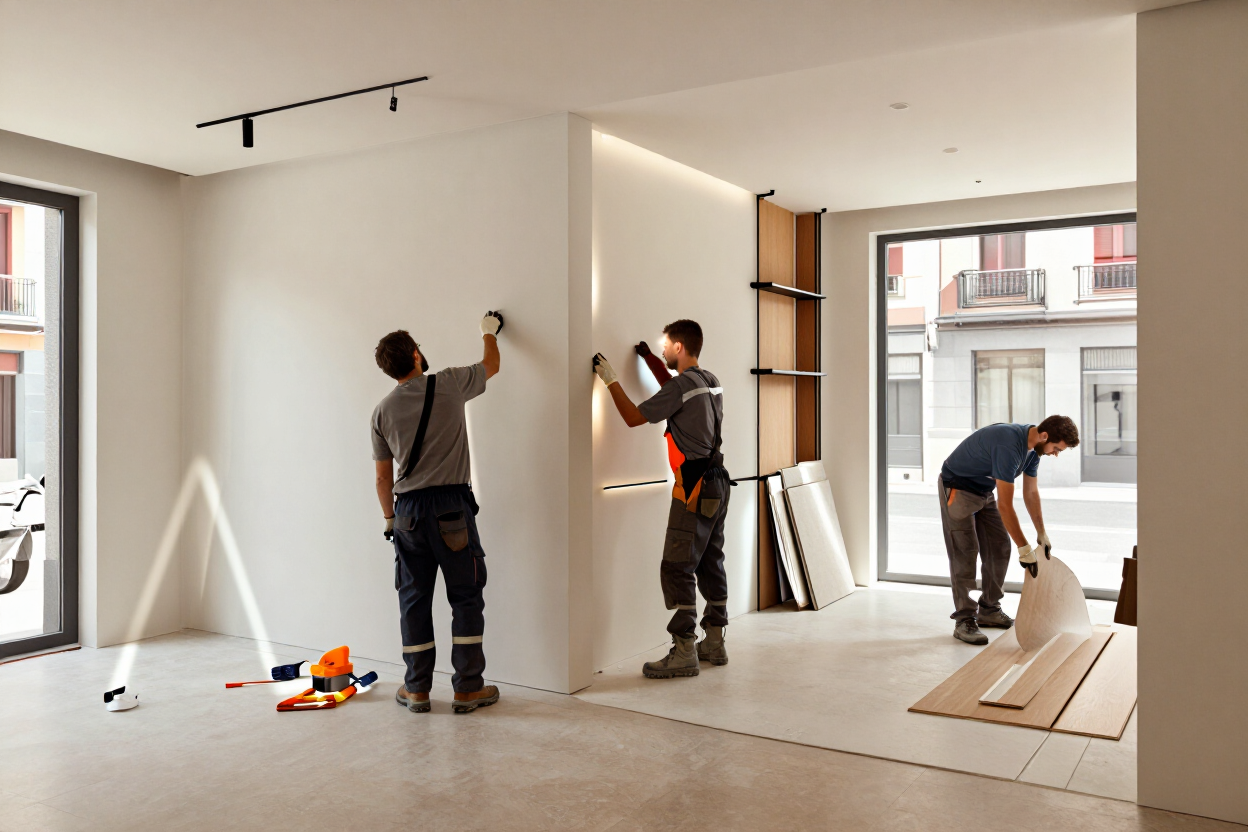 Trabajadores pintando e instalando el suelo en el interior luminoso y sin terminar de un apartamento