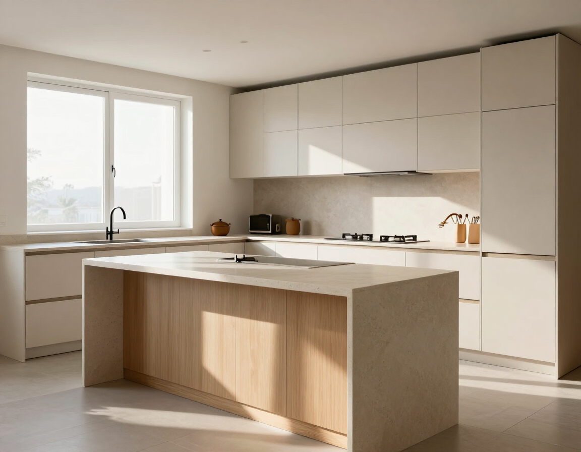 Cocina luminosa y minimalista, con armarios blancos, una isla central y luz del sol entrando por una ventana
