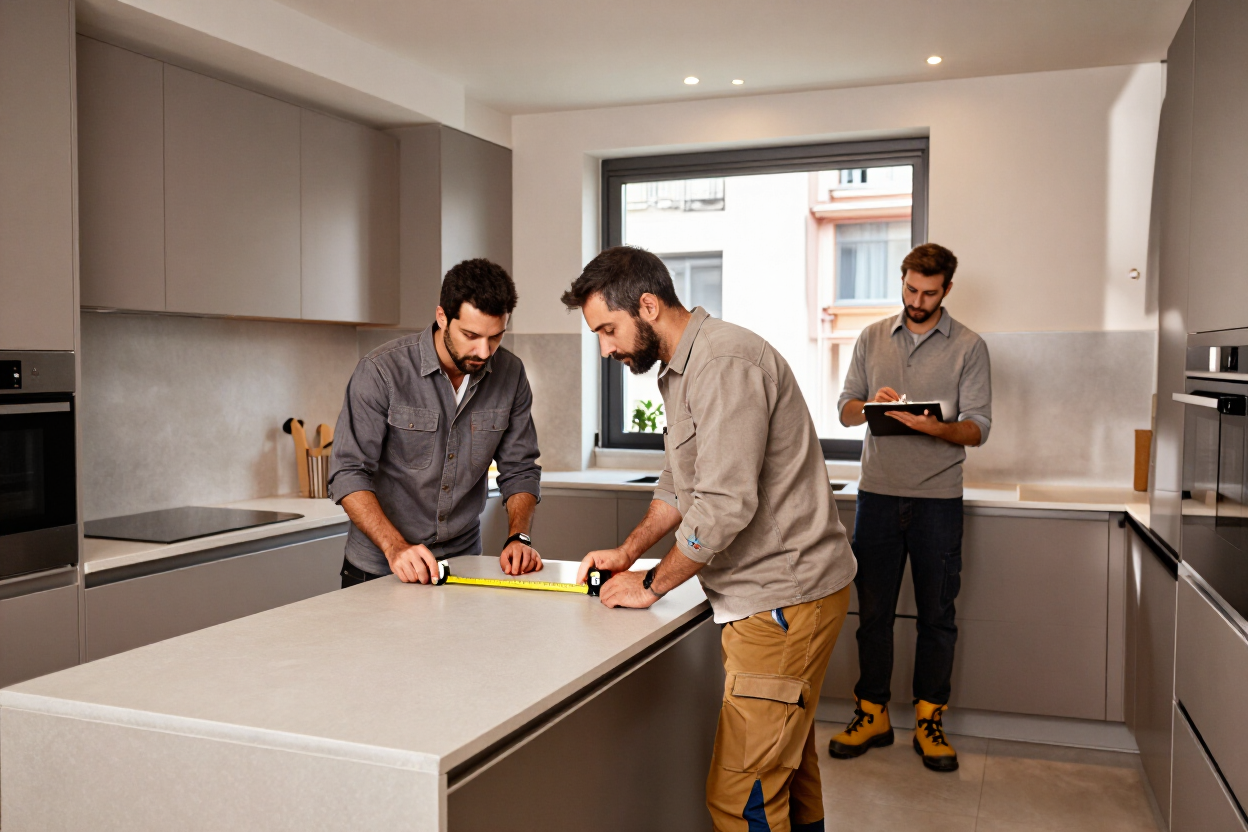 Tres personas colaboran en una cocina moderna, tomando medidas y hablando sobre la distribución de la encimera.