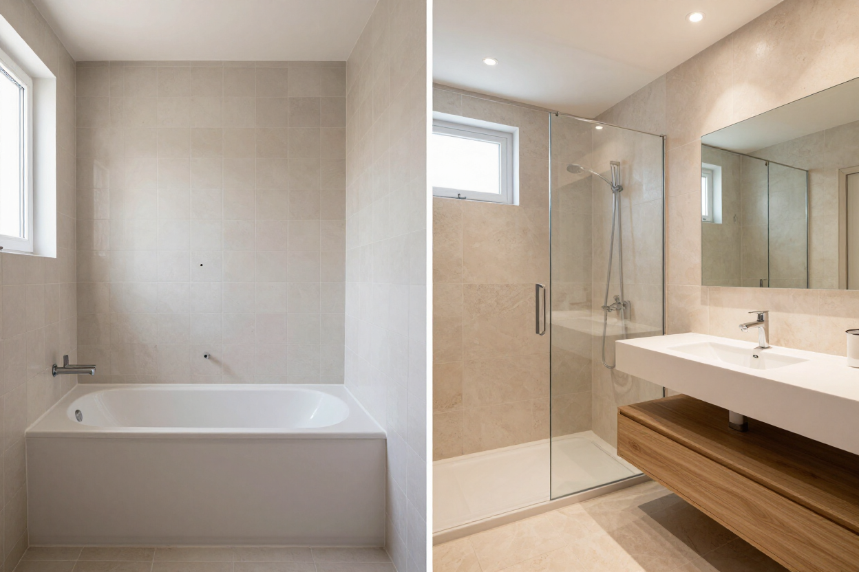 Baño con bañera, ducha acristalada y mueble de lavabo con espejo, en un interior revestido de azulejos beige.