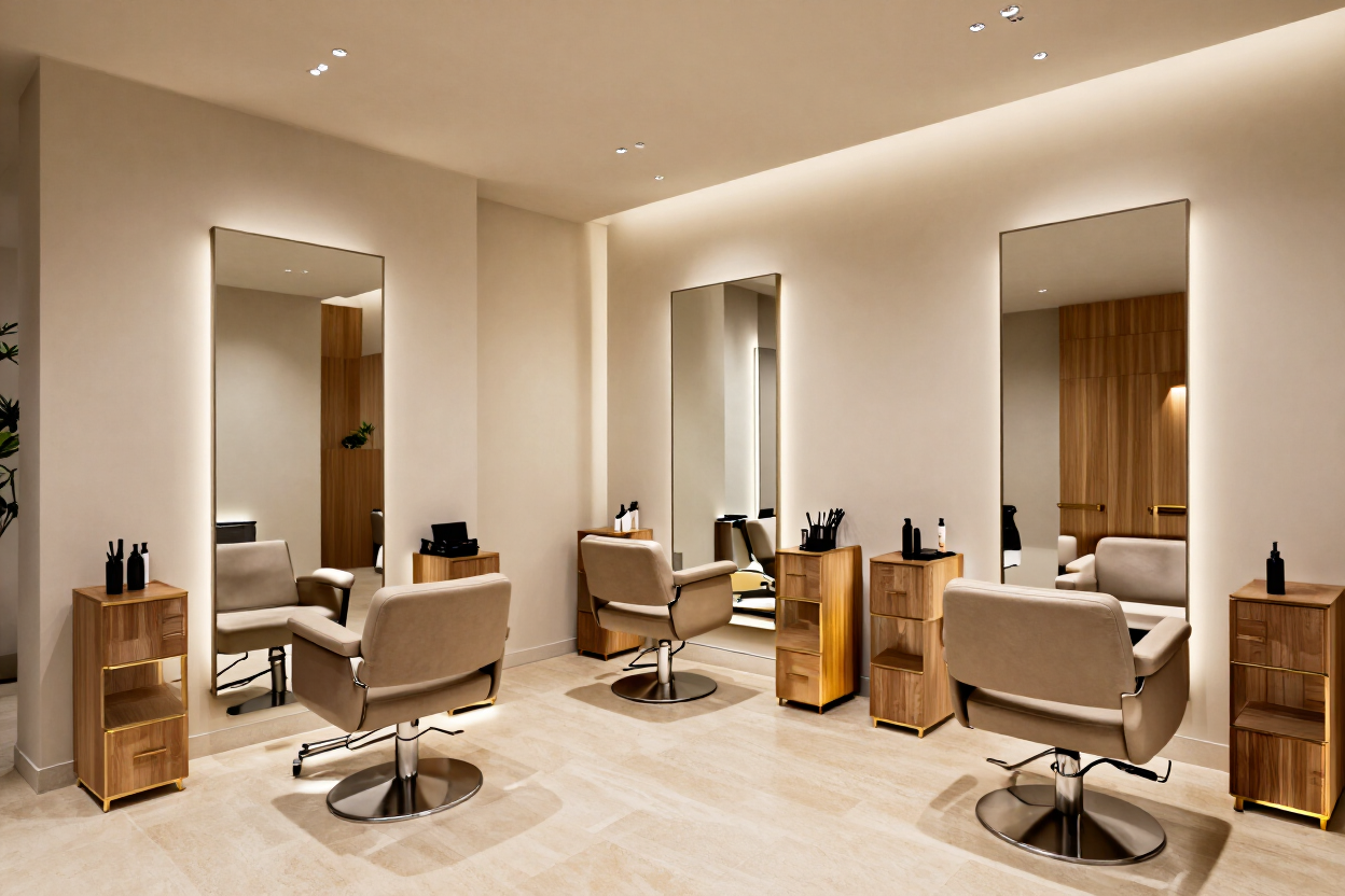 Moderno salón de peluquería con sillones beige, espejos, puestos de peluquería de madera e iluminación cálida