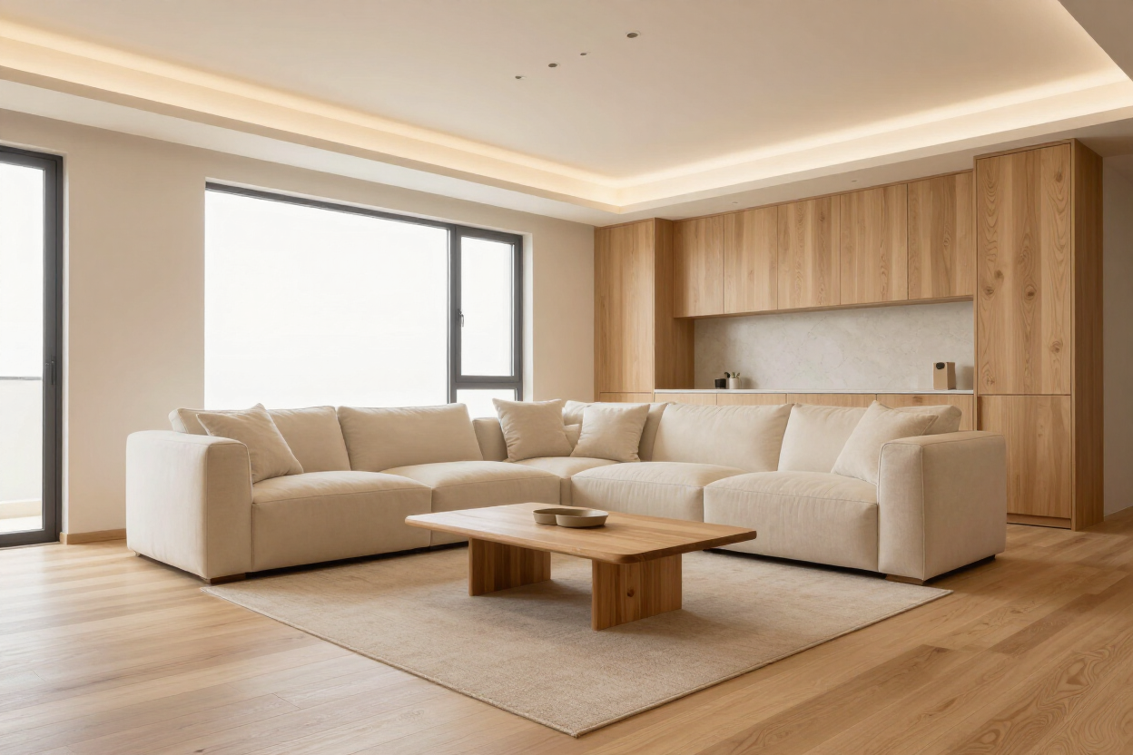 Sala de estar luminosa y minimalista, con sofá seccional beige, mesa de centro de madera y ventanas grandes