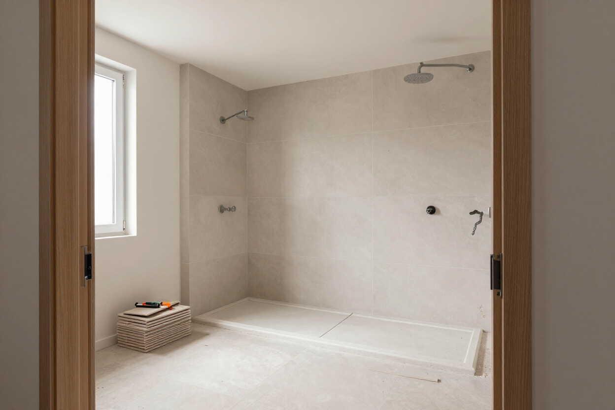Baño vacío en tonos beige, con ducha a ras de suelo, una ventana y un cesto de ropa en el suelo