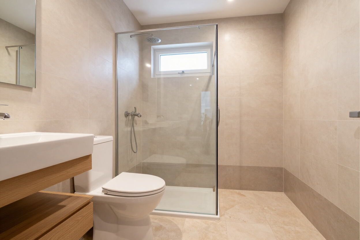 Baño moderno en tonos beige con inodoro, lavabo y ducha con mampara de cristal.