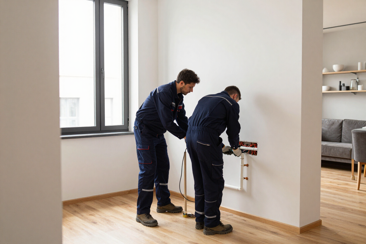Dos trabajadores con uniformes oscuros miden una pared en una habitación luminosa y vacía con suelo de madera.