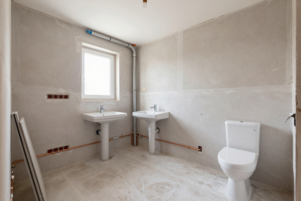 Baño sin terminar con inodoro, dos lavabos y una ventana pequeña, con las paredes y el suelo sin revestir.