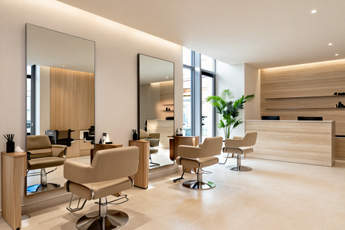 Peluquería moderna con sillones de peluquería beige, espejos, mostrador de recepción y una planta en un interior luminoso