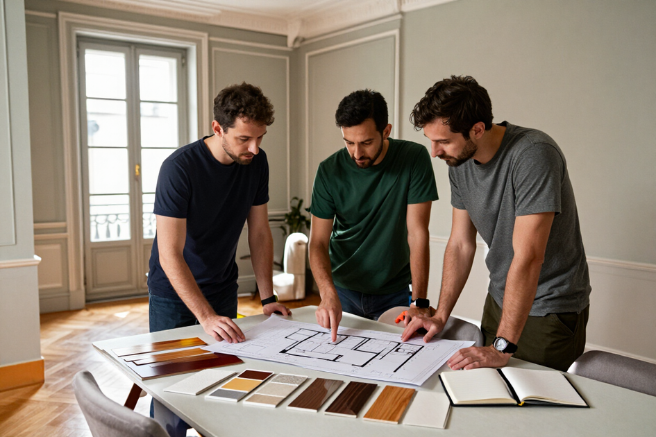 Tres personas revisan unos planos de diseño sobre una mesa en una habitación luminosa