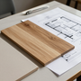Tablas de cortar de madera sobre planos arquitectónicos impresos en un escritorio