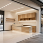 Mostrador de recepción moderno y minimalista en el interior de una oficina o sala de exposición luminosa con paneles de madera