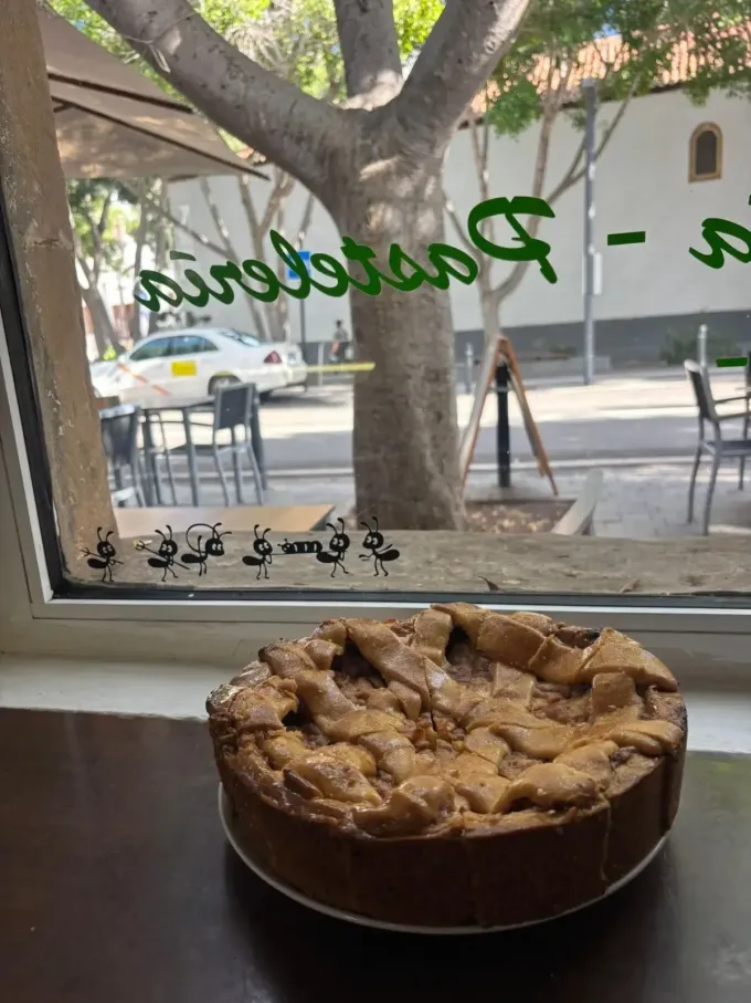 Una tarta de manzana redonda sobre una mesa junto a una ventana, con árboles y una calle visibles desde fuera.