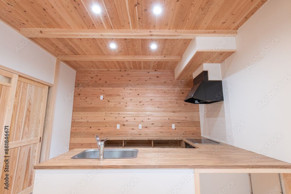 Une cuisine avec un plafond en bois et un évier.