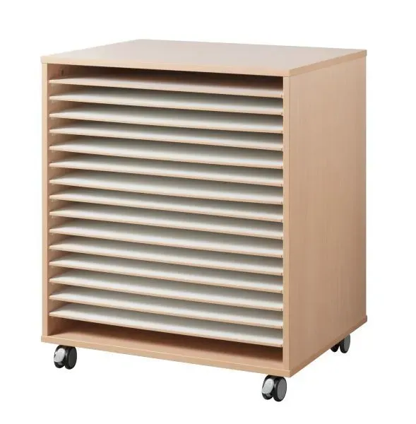 Un petit meuble à roulettes ouvert