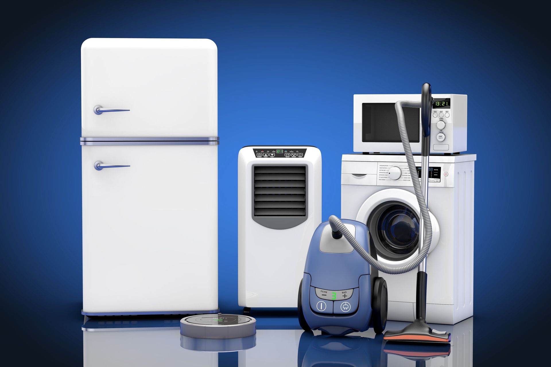 Electrodomésticos blancos: refrigerador, aire acondicionado, aspiradora, microondas, lavadora. Fondo azul.