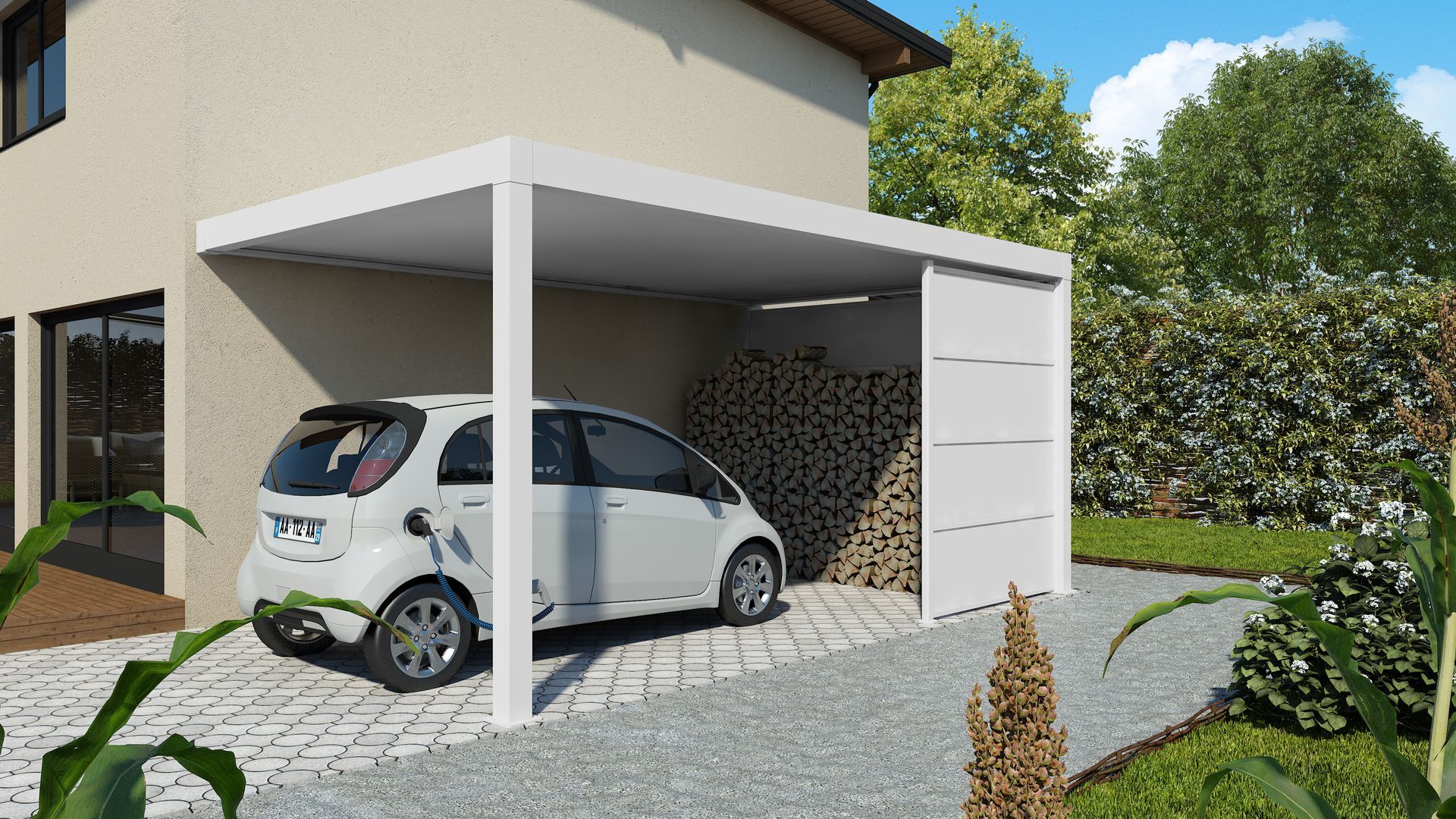 Voiture blanche garée sous un carport