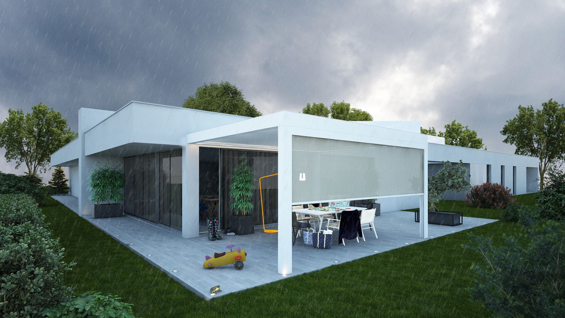 Pergola blanche adossée à une maison blanche
