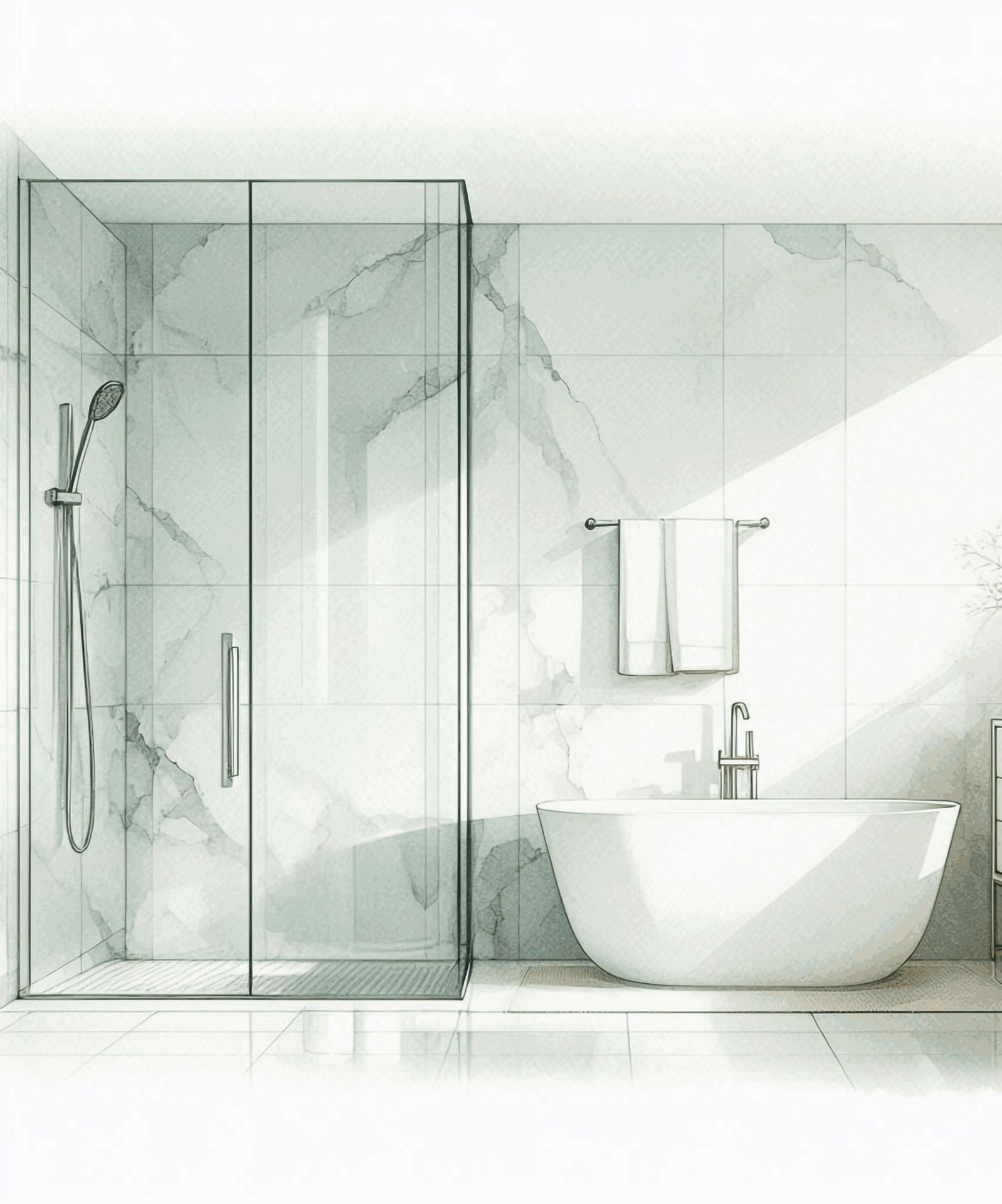 Salle de bains moderne avec douche en verre, baignoire blanche, carrelage en marbre.