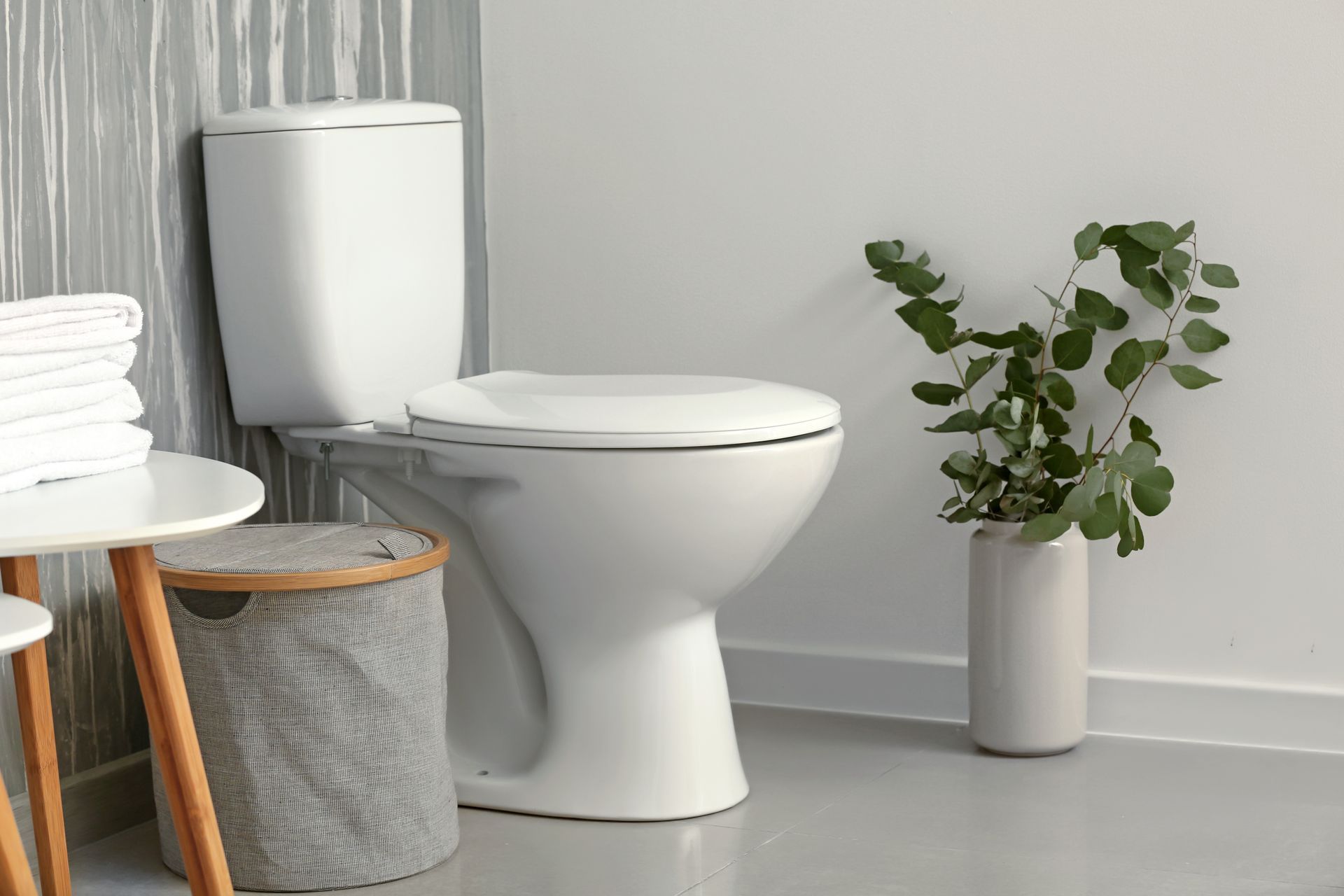 Toilettes dans une salle de bains moderne avec plante et petite table.