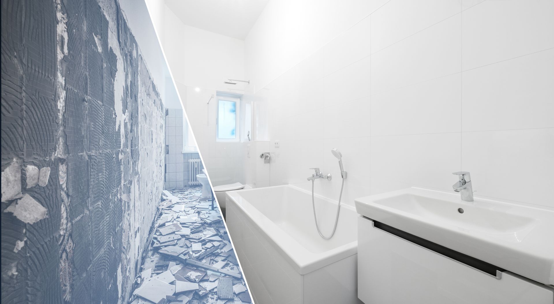 Vue fractionnée : Rénovation de salle de bains. À gauche, démolition ; à droite, salle de bains blanche terminée avec baignoire et lavabo.