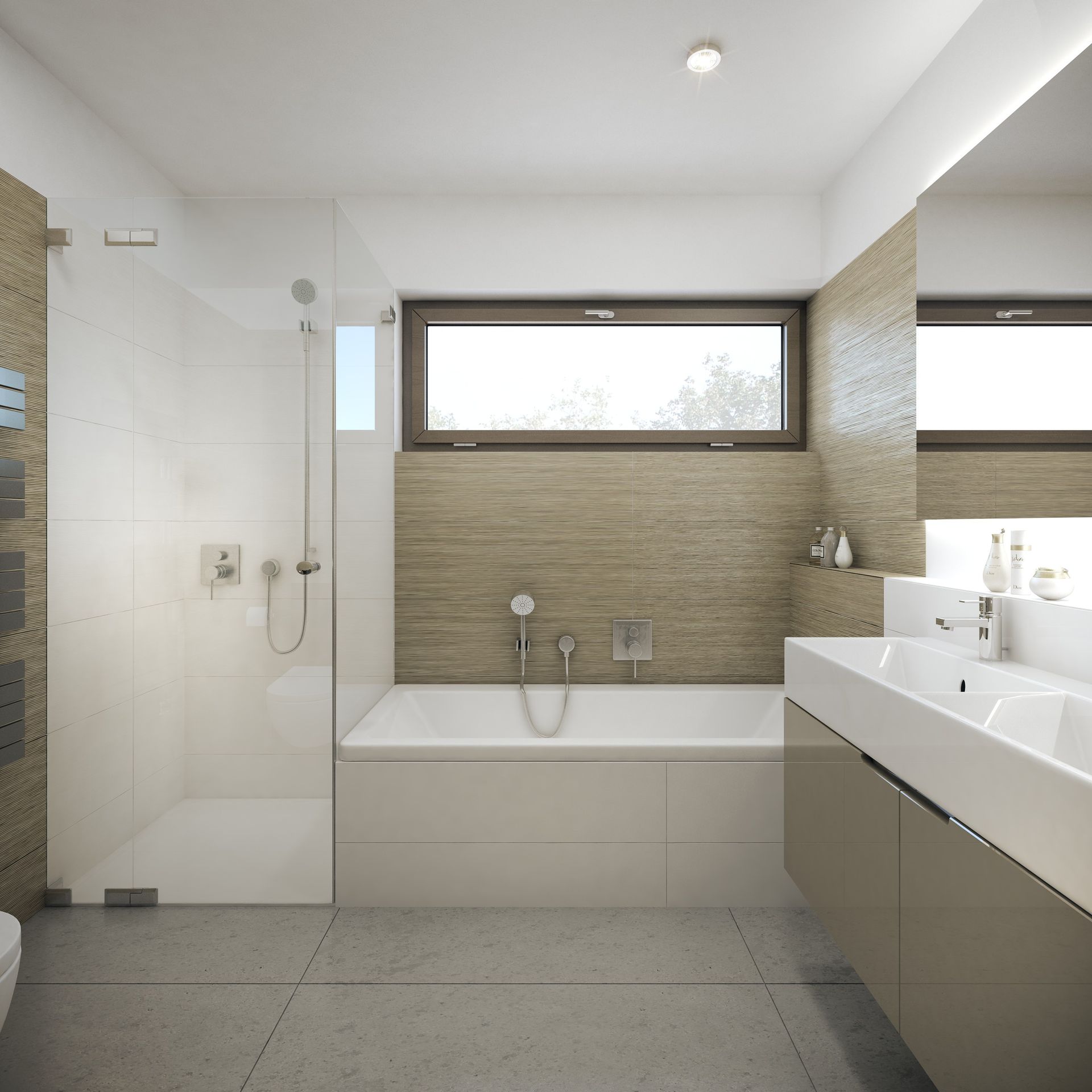 Salle de bains moderne avec douche, baignoire et double vasque ; murs clairs, carrelage neutre et grande fenêtre.