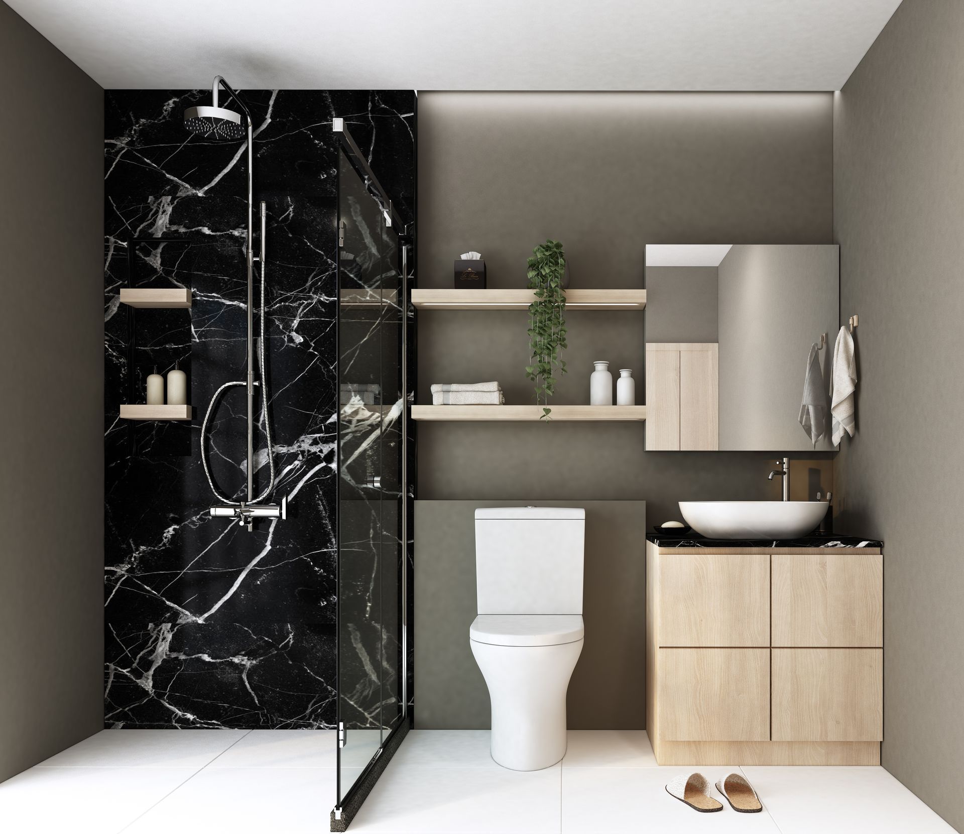 Salle de bains moderne avec douche en marbre noir, vanité en bois, toilettes et murs neutres.