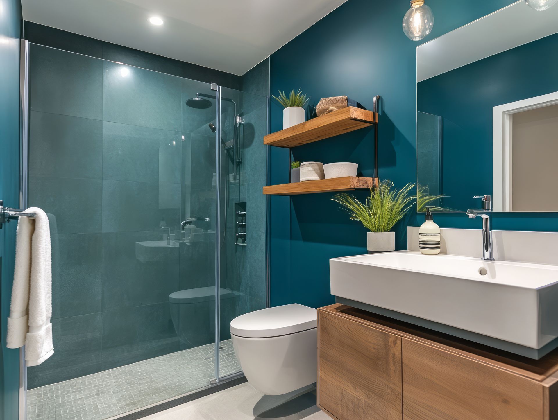 Salle de bains moderne bleu sarcelle avec douche à l'italienne, étagères flottantes avec plantes, lavabo blanc et armoire en bois.