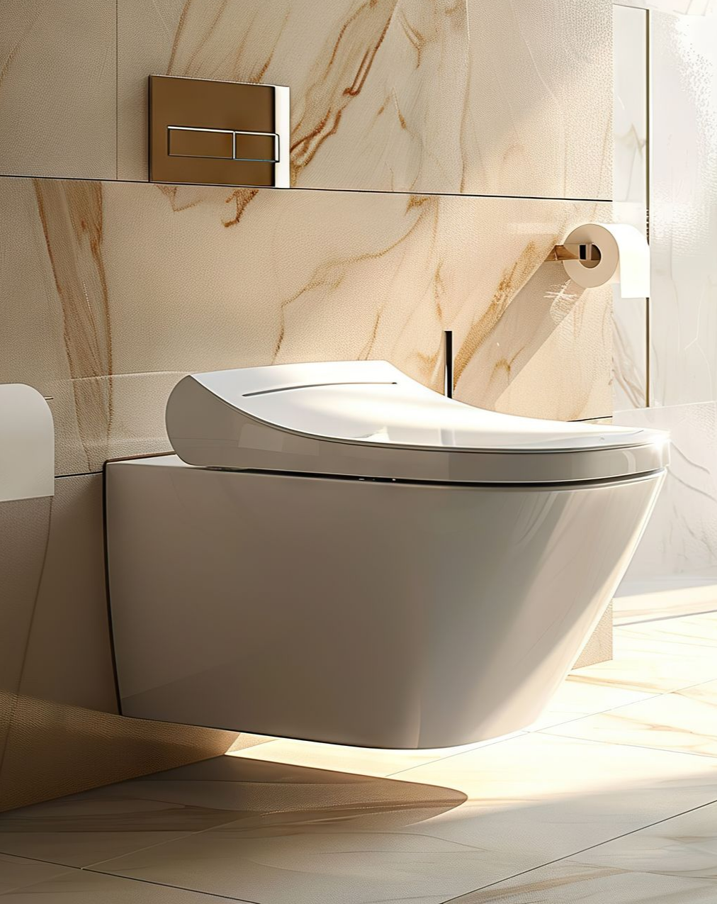 Toilettes murales modernes avec couvercle blanc fermé, contre un mur à motifs de marbre, rouleau de papier toilette et bouton de chasse d'eau visibles.