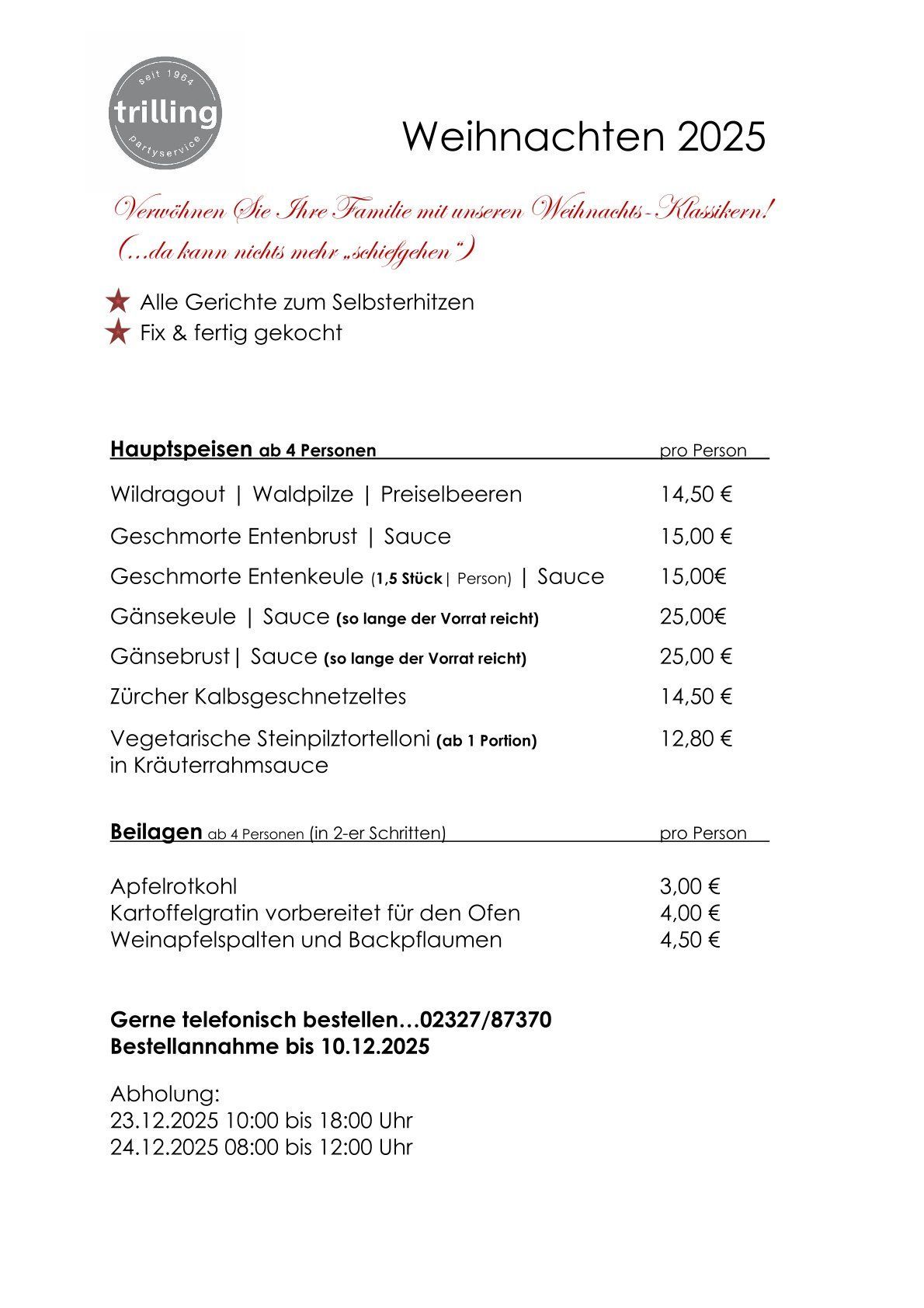 Menüvorschläge Weihnachten 2025