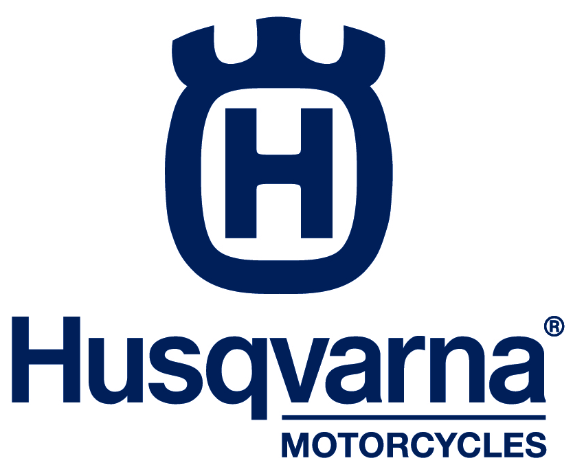 Logo Husqvarna : « H » blanc dans un écusson blanc, sur un rectangle bleu foncé, avec « Husqvarna » en dessous.