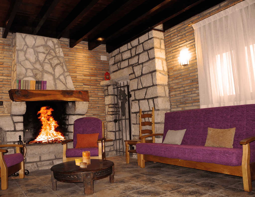 Una sala de estar con chimenea y muebles morados.